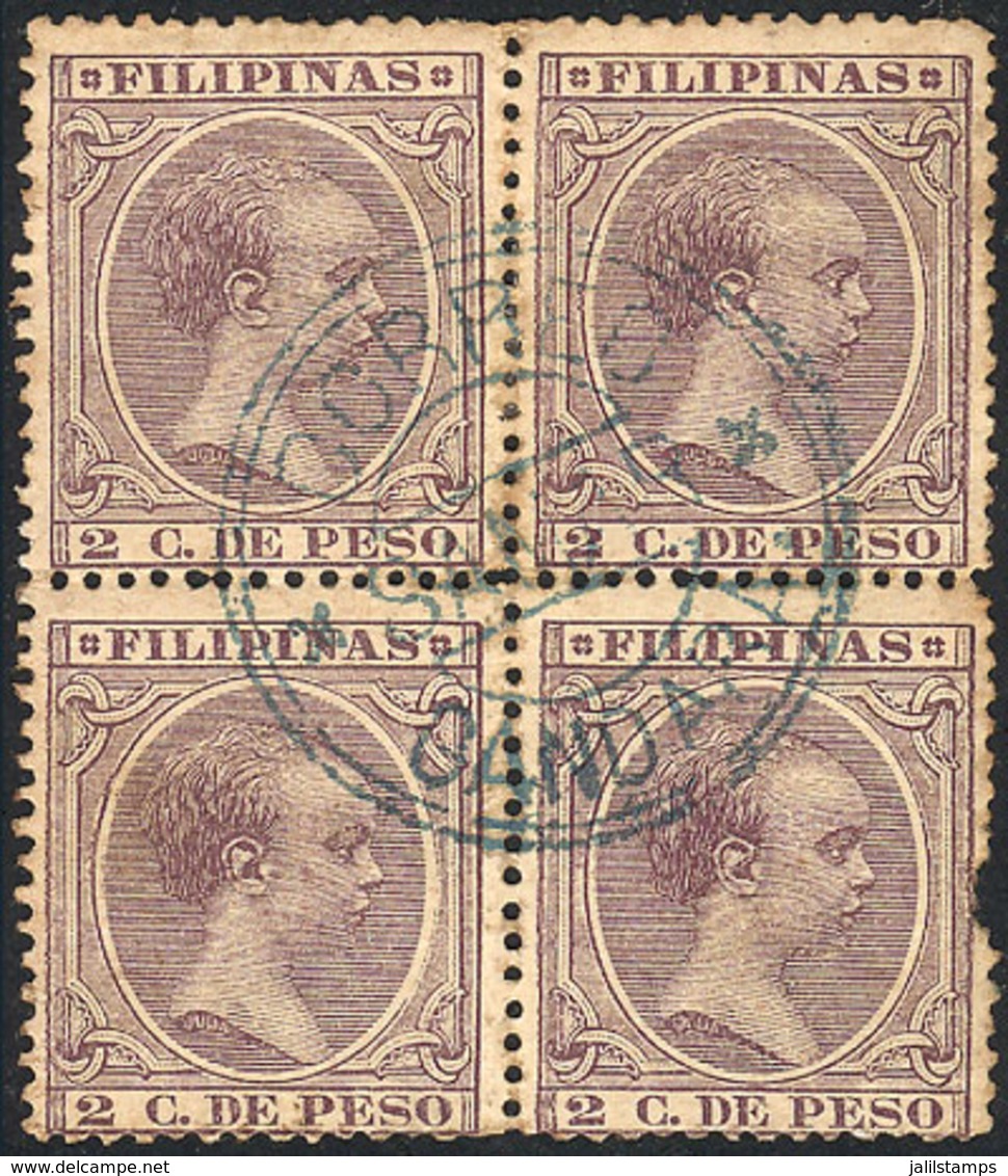 PHILIPPINES: Sc.145, Used Block Of 4 With Interesting Blue Cancel Of GANDARA 1905, One Stamp With Defect, The Rest Fine. - Filippijnen