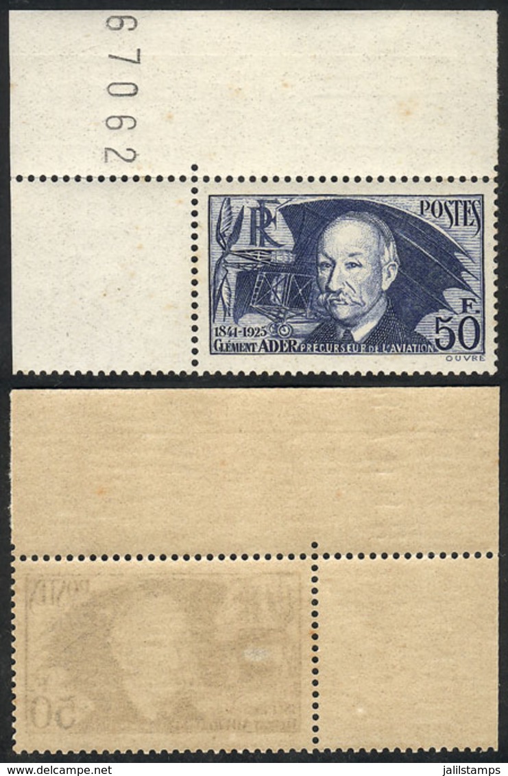 FRANCE: Sc.348a, 1938 Ader Printed On Thick Paper, Beautiful Corner Single, On Back Tiny Hinge Mark And A Light Stain Sp - Otros & Sin Clasificación