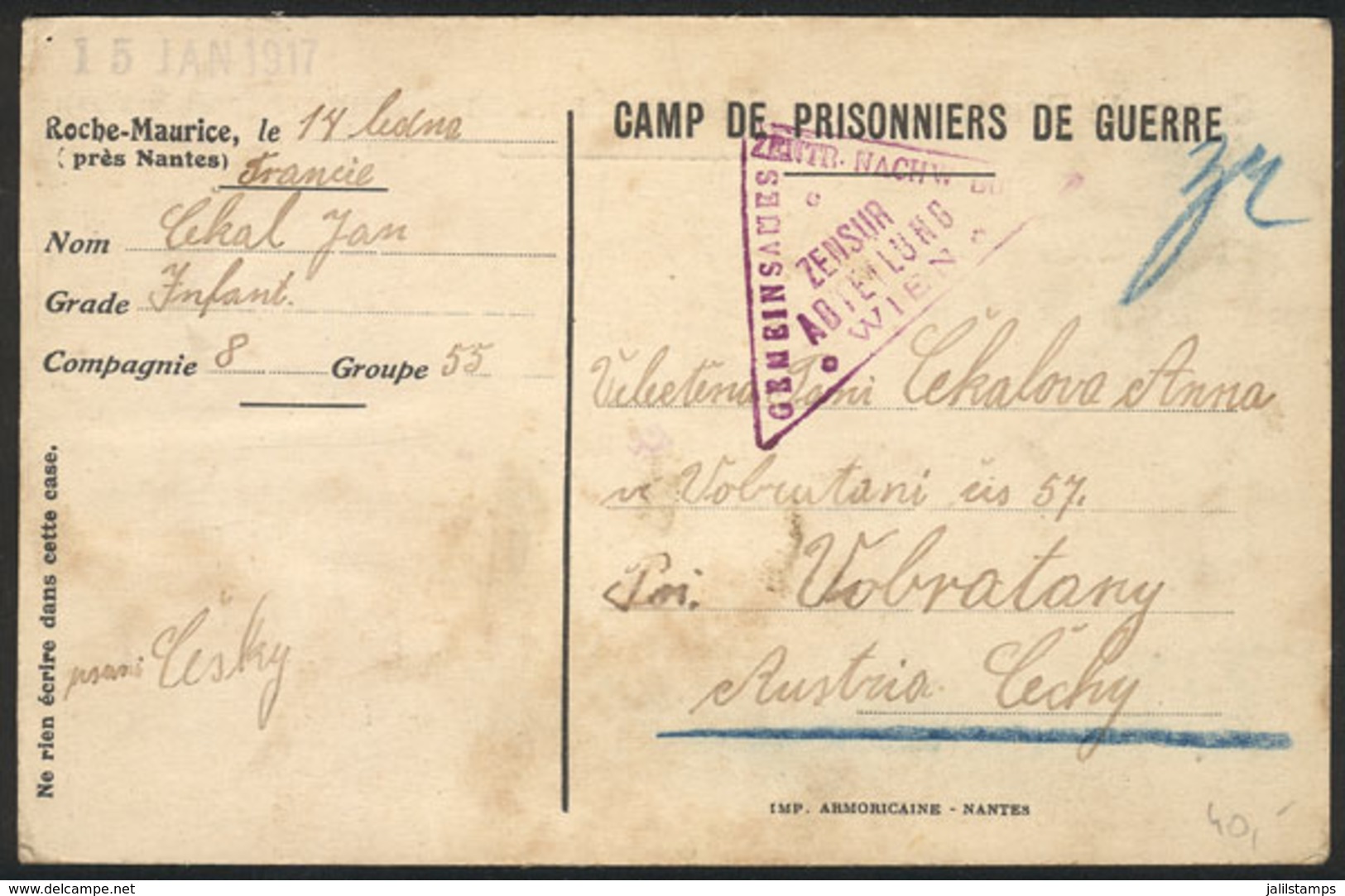 FRANCE: Card Sent By A Czech PRISONER OF WAR In The POW Camp Of Roche-Maurice With Postal Franchise For POW, VF And Inte - Andere & Zonder Classificatie