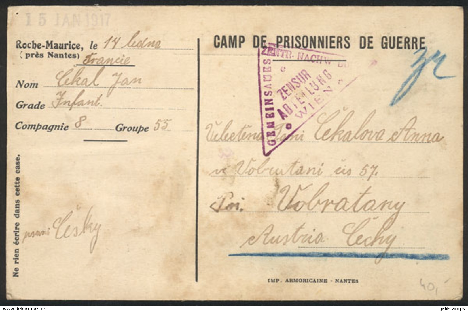 FRANCE: Card Sent By A Czech PRISONER OF WAR In The POW Camp Of Roche-Maurice With Postal Franchise For POW, VF And Inte - Other & Unclassified