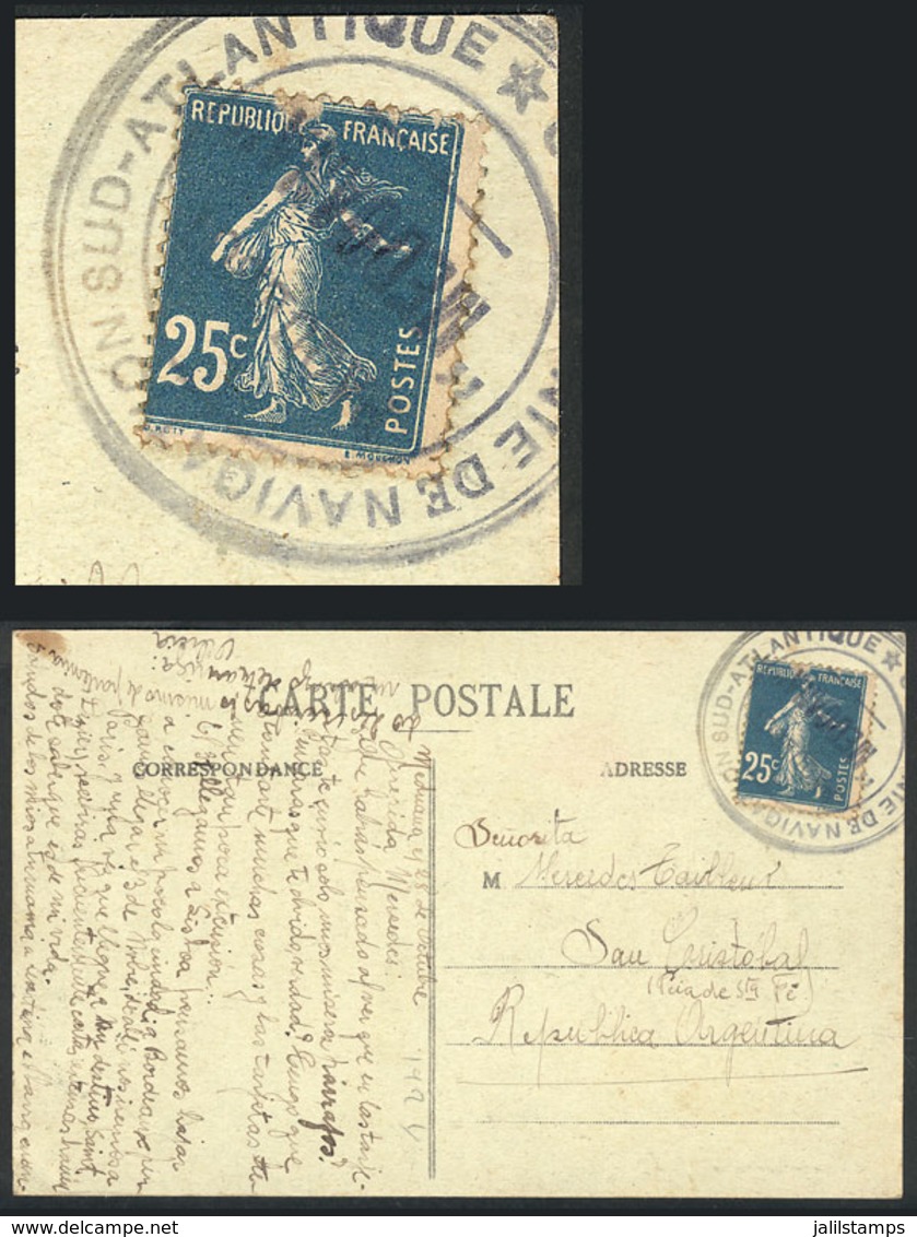 FRANCE: RARE SHIP POSTMARK: Postcard Posted At Sea To San Cristóbal (Argentina) On 28/OC/1924, Franked With 25c. And Can - Andere & Zonder Classificatie