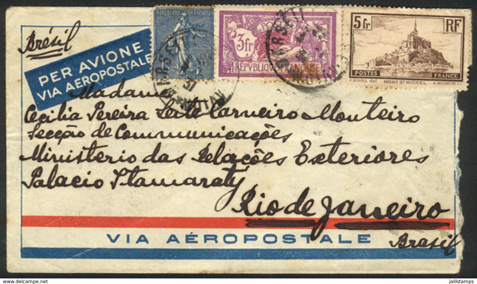 FRANCE: Airmail Cover Sent From Marseille To Rio De Janeiro On 3/JA/1931 Franked With 9Fr., Very Nice! - Andere & Zonder Classificatie