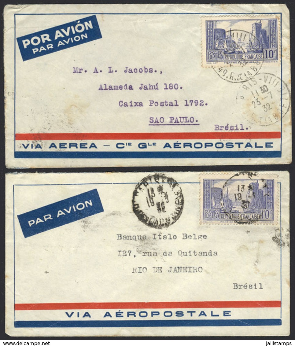 FRANCE: 2 Airmail Covers Franked With 10Fr. Port De La Rochelle ALONE, Types I And II, Sent From Paris To Rio De Janeiro - Sonstige & Ohne Zuordnung