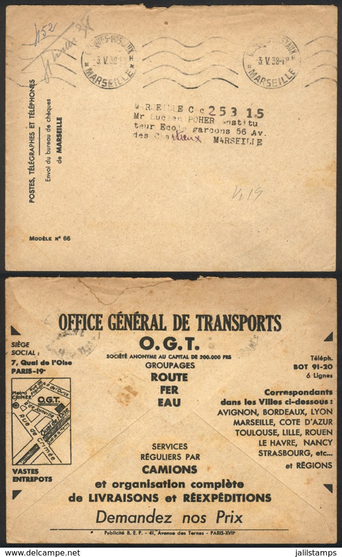 FRANCE: Official Cover Of The Post Used On 3/MAY/1938, With A Nice Advertisement On Back! - Other & Unclassified