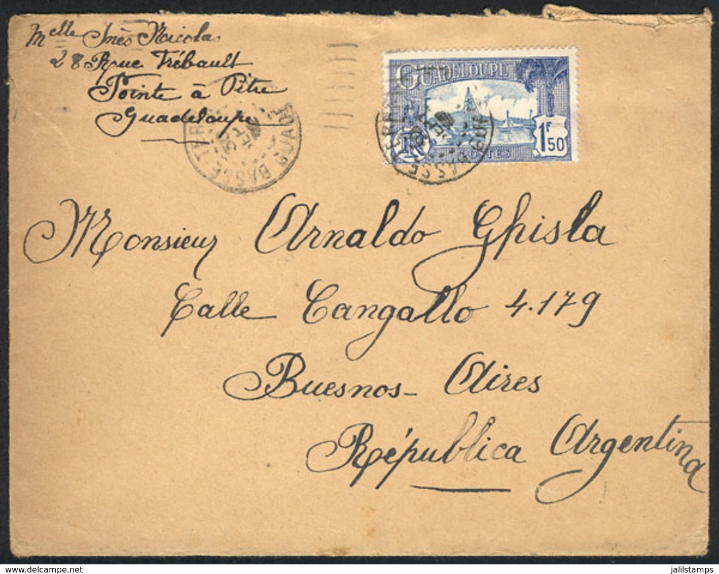 GUADELOUPE: Cover Franked With 1.50Fr (Sc.127) Alone, Sent From Basse Terre To Argentina On 30/NO/1932, With Panama Tran - Briefe U. Dokumente