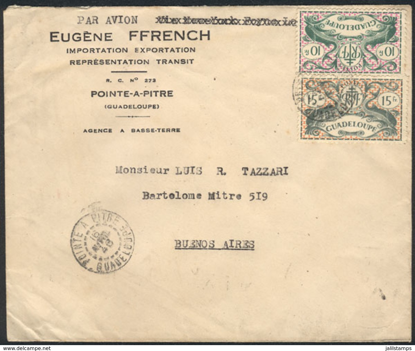 GUADELOUPE: Cover Franked With 25Fr., Sent From Pointe-a-Pitre To Argentina In 1948, Extremely Rare Destination, VF Qual - Briefe U. Dokumente