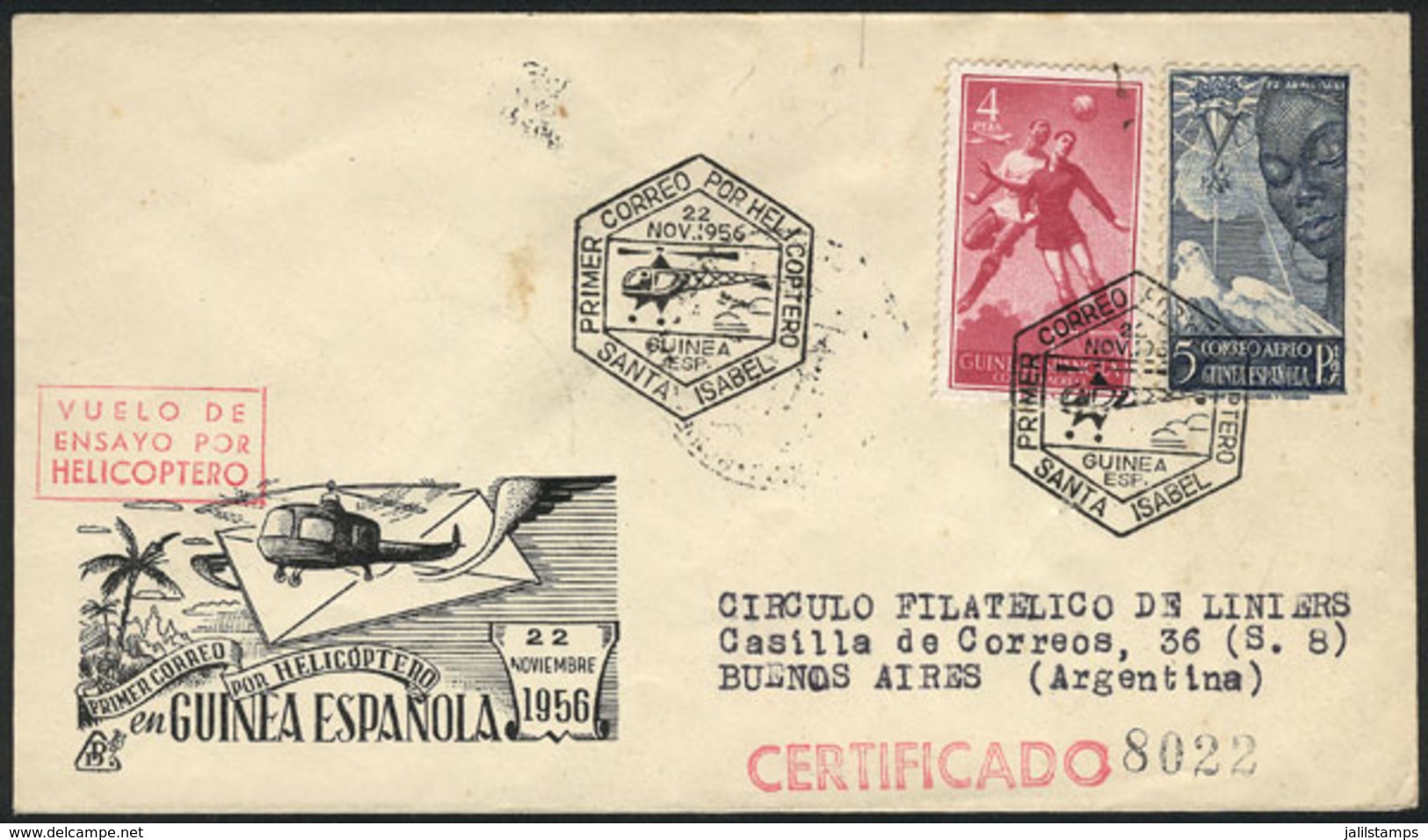 SPANISH GUINEA: 22/NO/1956 First HELICOPTER Mail, Cover With Nice Postage Sent To Argentina, VF Quality! - Guinea Espagnole