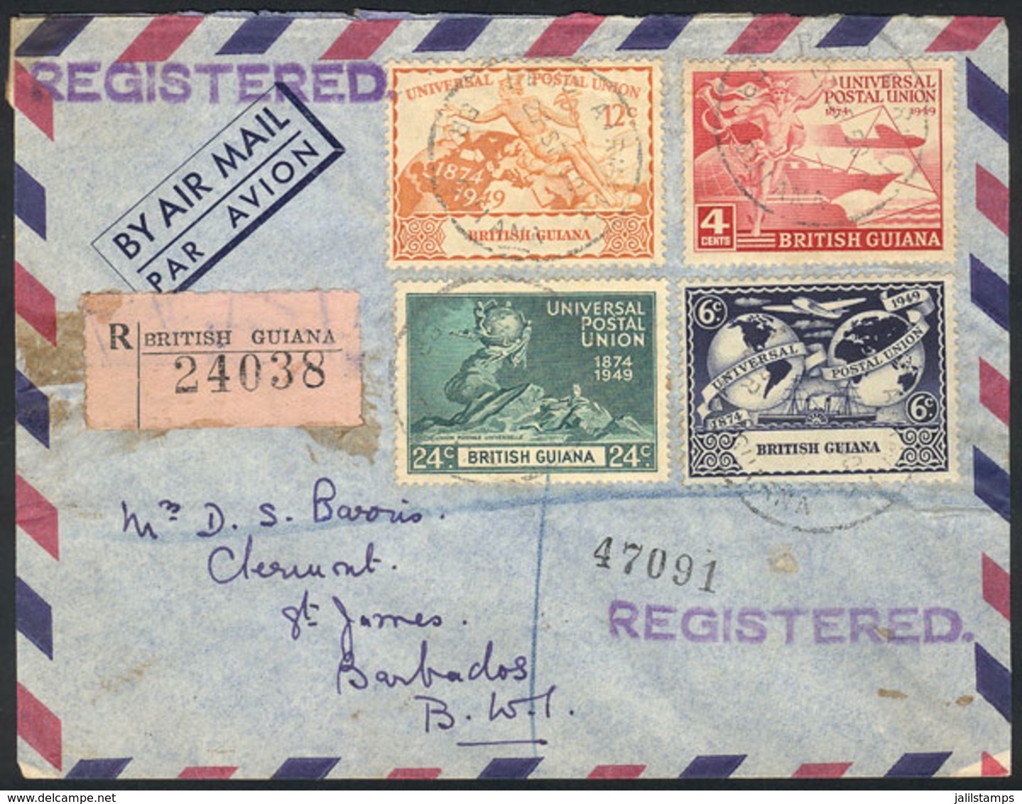 BRITISH GUIANA: Cover Franked With The 4 Values Of The UPU Anniversary Issue, Sent By Registered Mail To Barbados On 27/ - Brits-Guiana (...-1966)