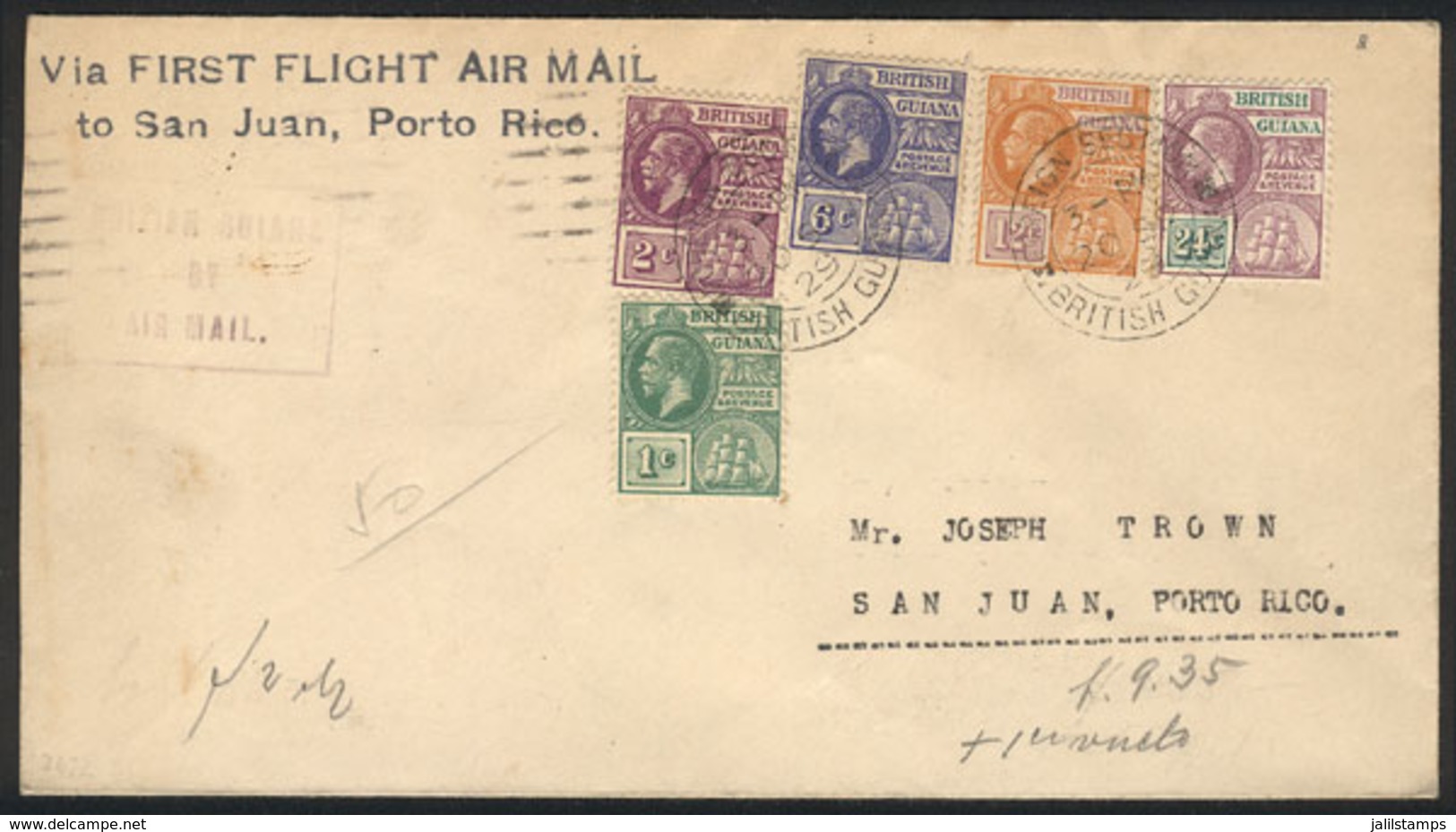 BRITISH GUIANA: 20/SE/1929 First Flight To SAN JUAN (Puerto Rico), With Arrival Backstamp, VF Quality! - Guyana Britannica (...-1966)