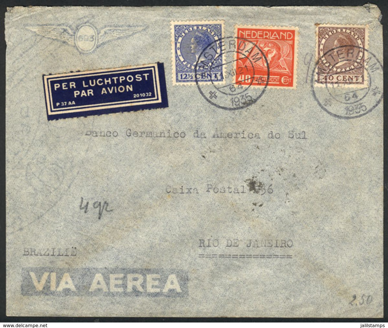 NETHERLANDS: Airmail Cover Sent From Amsterdam To Rio De Janeiro On 11/DE/1935 By Air France (transit Backstamp Of Paris - Otros & Sin Clasificación