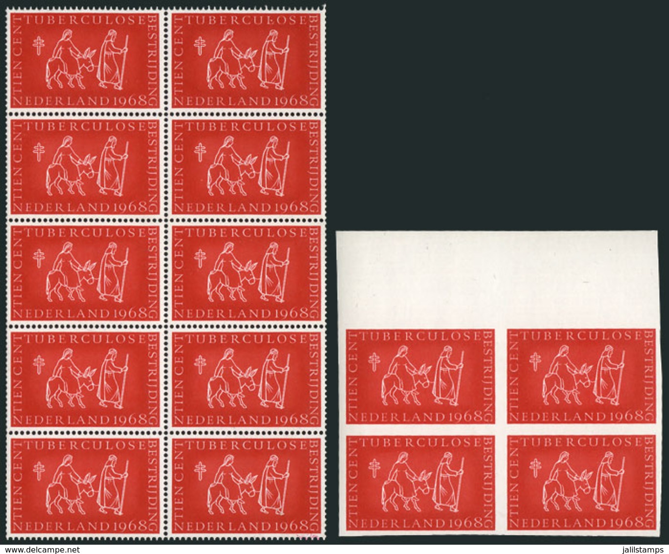 NETHERLANDS: FIGHT AGAINST TUBERCULOSIS: 1968 Issue, Block Of 10 Labels + IMPERFORATE Block Of 4, Excellent Quality! - Andere & Zonder Classificatie