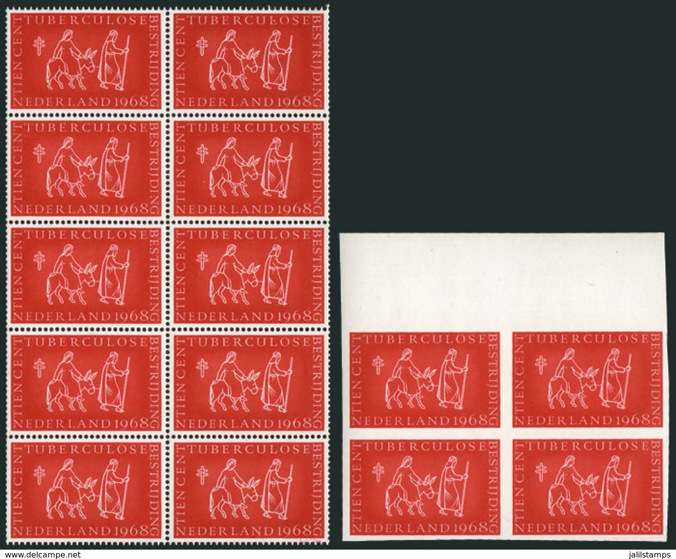 NETHERLANDS: FIGHT AGAINST TUBERCULOSIS: 1968 Issue, Block Of 10 Labels + IMPERFORATE Block Of 4, Excellent Quality! - Sonstige & Ohne Zuordnung