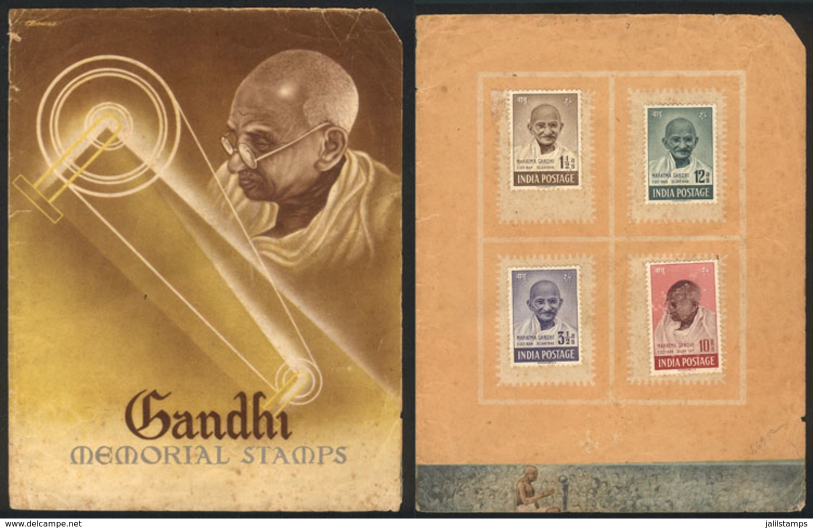 INDIA: Sc.203/206, 1948 Gandhi, Complete Set Of 4 Values Affixed To The Original Presentation Folder, With Defects (fold - Andere & Zonder Classificatie