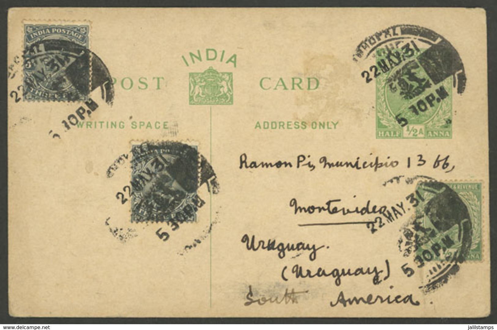 INDIA: Postal Card Sent From Bhopal To URUGUAY On 22/MAY/1931, Rare Destination! - Other & Unclassified