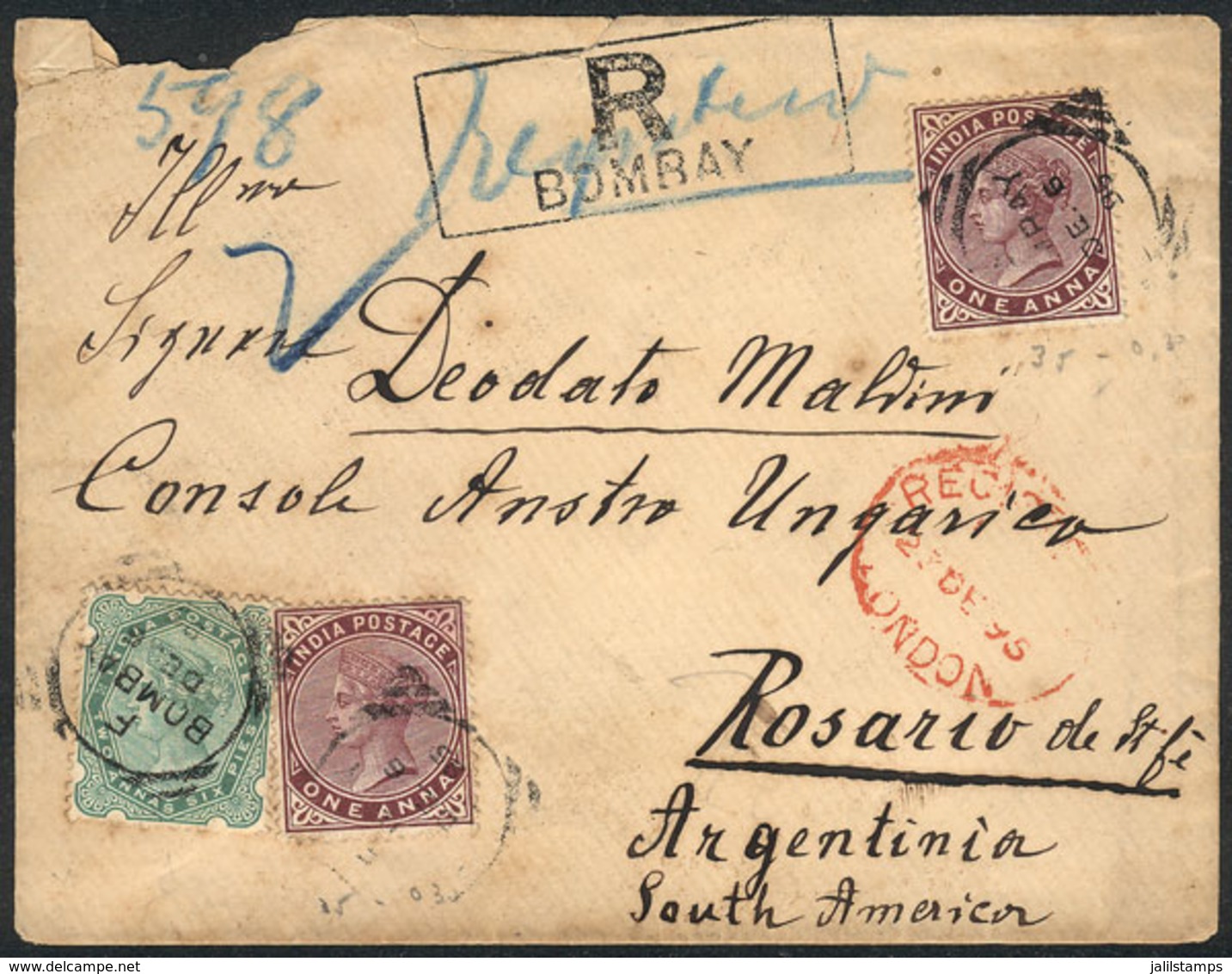 BRITISH INDIA: Registered Cover Sent From BOMBAY To Rosario (Argentina) On 6/DE/1895, With Interesting Postal Markings O - Other & Unclassified
