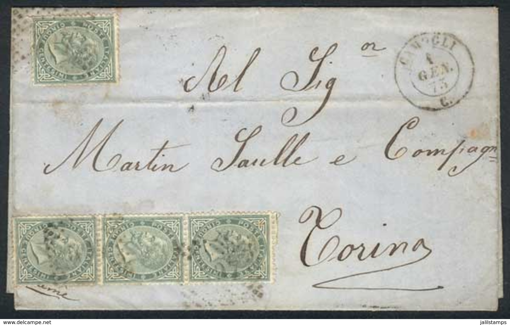 ITALY: Folded Cover Franked By Sc.26 (Sa.16) X4 (strip Of 3 + Single), Sent From Camogli To Torino On 1/JA/1873, Very Fi - Unclassified