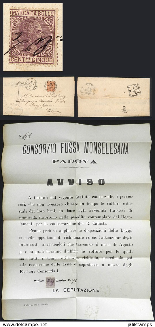 ITALY: Poster Sent From Este To Padova On 4/JUL/1894, With Interesting Text And Revenue Stamp, VF Quality! - Zonder Classificatie