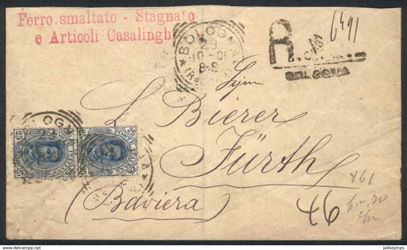 ITALY: Registered Cover Franked By Pair Sa.62, Sent From Bologna To Germany On 29/OC/1901, VF, Sassone Catalog Value Eur - Zonder Classificatie