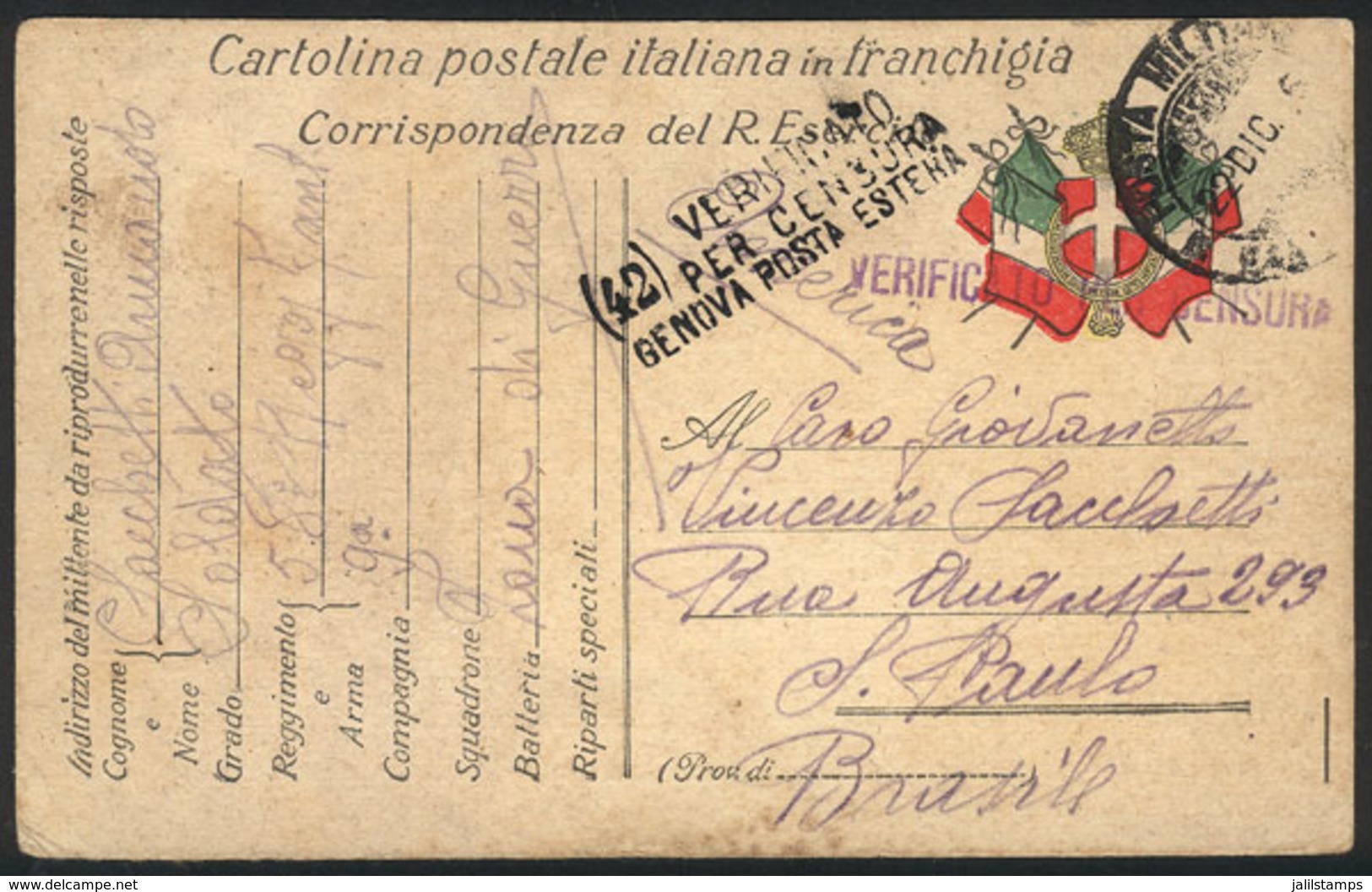 ITALY: Card With Military Postal Franchise Sent By A Soldier At The War Front To BRAZIL On 22/DE/1916, VF, Rare Destinat - Ohne Zuordnung