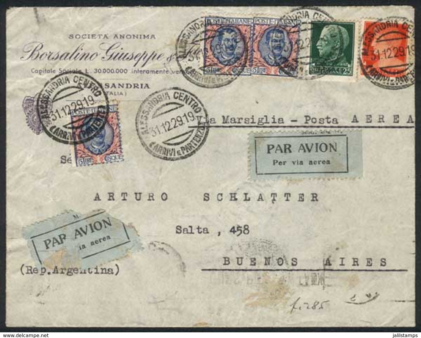 ITALY: Air Mail Cover Franked By Sa.78 X3 + Other Values (total 17L.) Sent From Alessandria To Buenos Aires On 31/DE/192 - Ohne Zuordnung