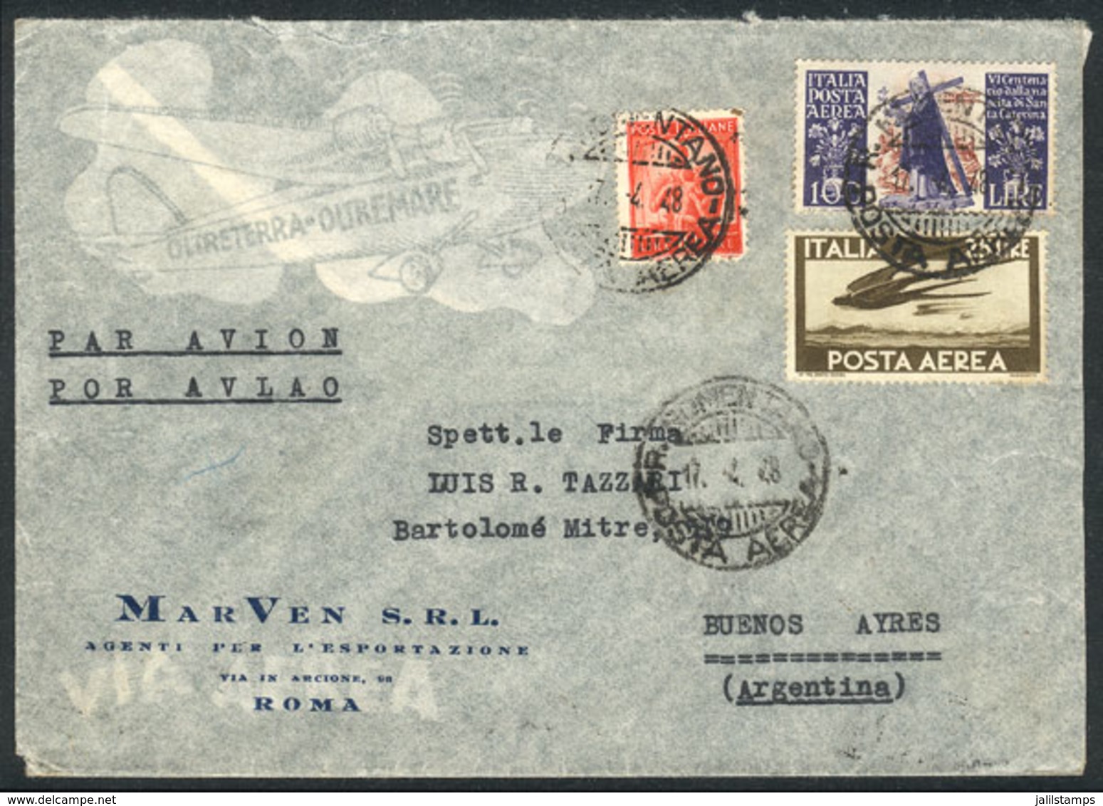ITALY: Cover Franked By Sa.146 Airmail + Other Values (total 135L.), Sent From Roma To Argentina On 17/AP/1948, Excellen - Sin Clasificación