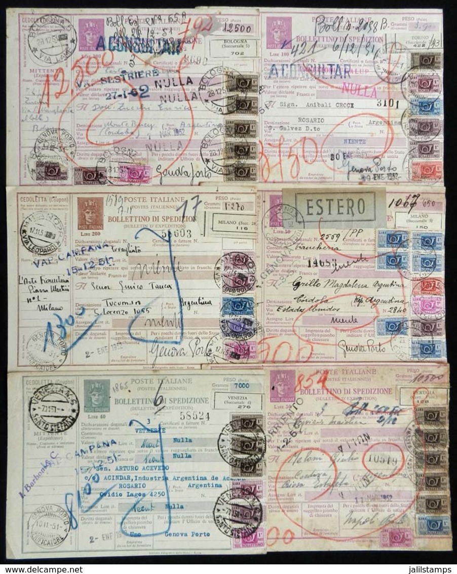 ITALY: 6 Despatch Notes Of Parcel Posts Sent To Argentina Between 1951 And 1952, Spectacular Postages, Some With Defects - Unclassified