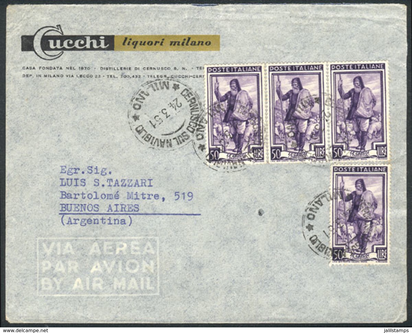 ITALY: Cover Franked By Sa.647 X4 (total 200L.), Sent From Cernusco To Argentina On 24/MAR/1951, Very Fine Quality! - Non Classés