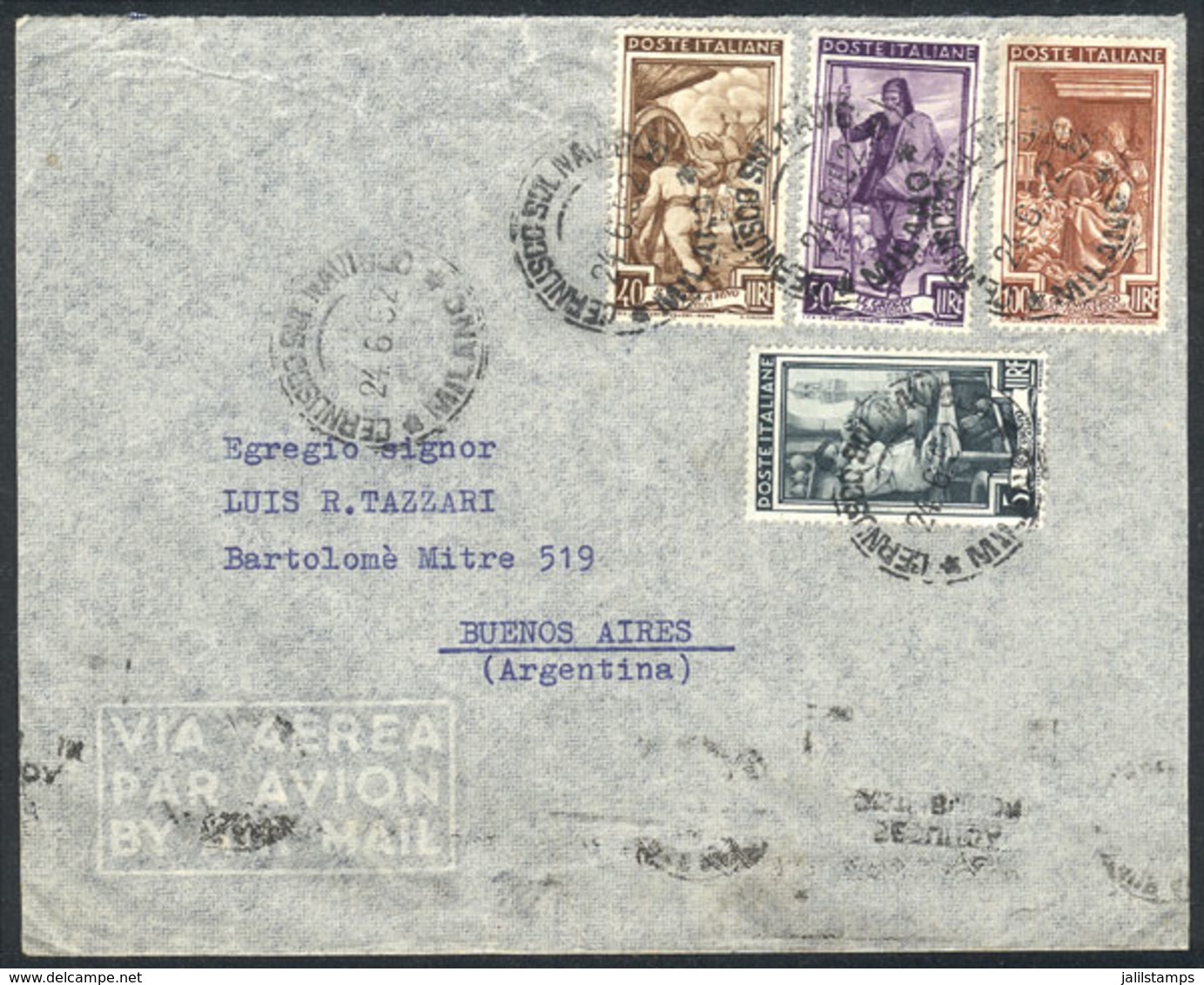 ITALY: Cover Franked By Sa.651 + Other Values (total 195L.), Sent From Cernusco To Argentina On 24/JUN/1952, Very Fine Q - Sin Clasificación