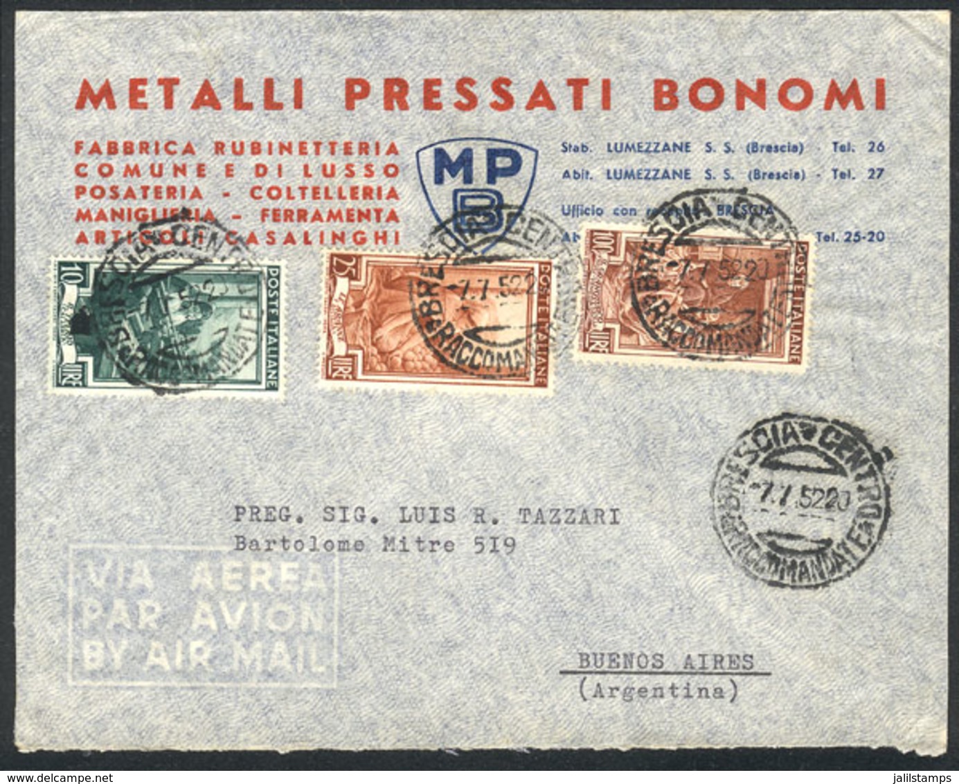 ITALY: Cover Franked By Sa.651 + Other Values (total 135L.), Sent From Brescia To Argentina On 7/JUL/1952, Very Fine Qua - Ohne Zuordnung