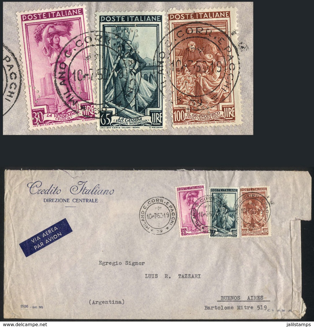 ITALY: Airmail Cover Sent From Milano To Argentina On 10/JUL/1952 Franked With 195L., The 3 Stamps With Commercial "C.I. - Ohne Zuordnung
