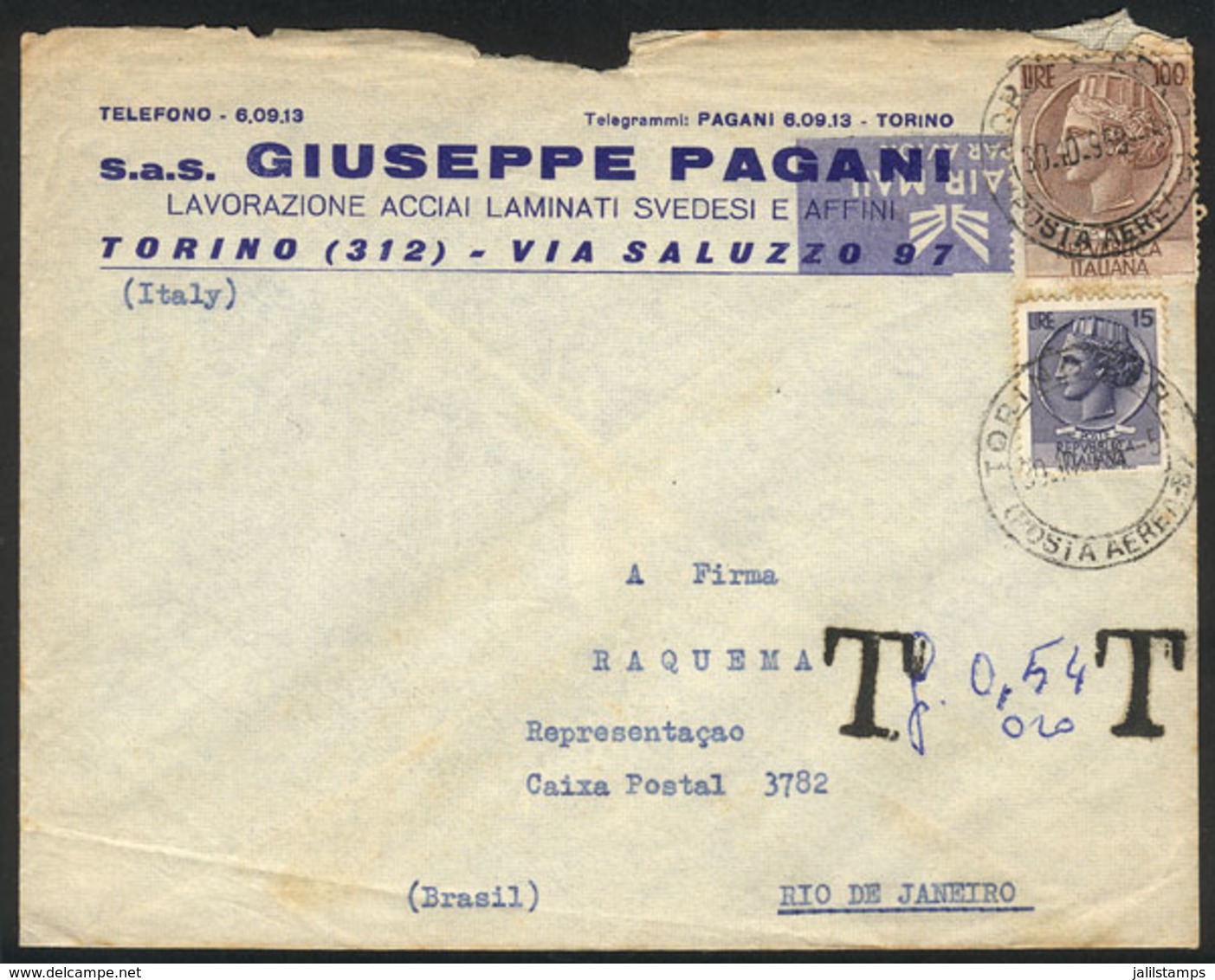 ITALY: Airmail Cover Sent From Torino To Rio De Janeiro On 30/OC/1958 Franked With 115L. And DUE Marks, Minor Defects, I - Zonder Classificatie
