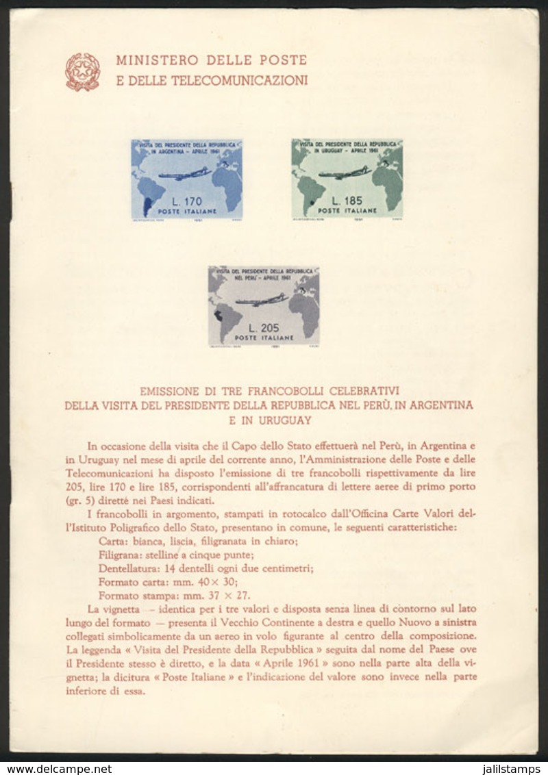 ITALY: Advertising Brochure Of The Post With The Printed Set Of 3 Values For The Visit Of President Gronchi To South Ame - Unclassified