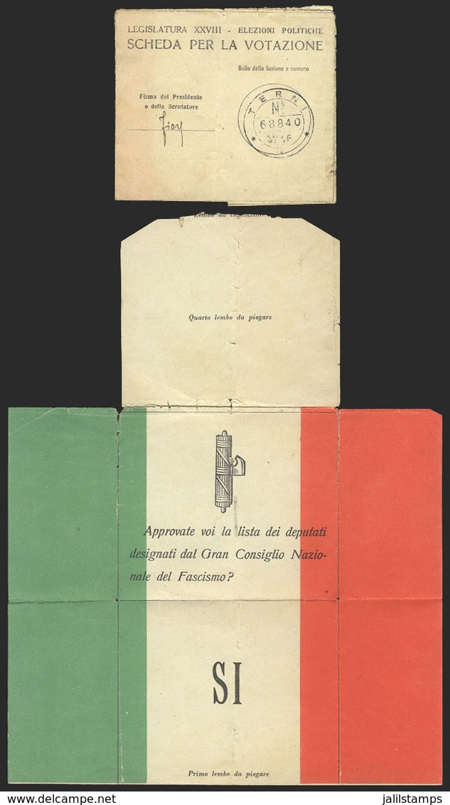 ITALY: Pro-Fascist Ballot Card Of The 1934 General Election, With The "yes" Mark, And Handstamp Of Terni On Back, Minor  - Sin Clasificación