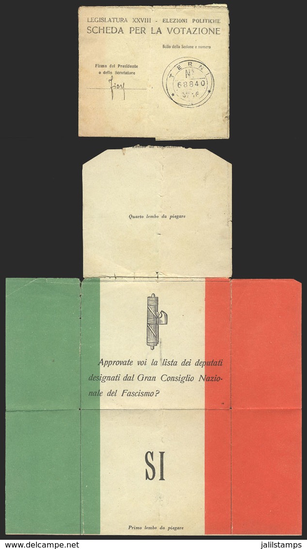 ITALY: Pro-Fascist Ballot Card Of The 1934 General Election, With The "yes" Mark, And Handstamp Of Terni On Back, Minor  - Unclassified