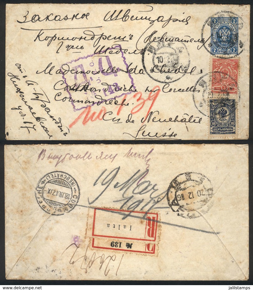 LATVIA: Russian 7k. Stationery Envelope Uprated With 13k., Sent By Registered Mail From RIGA To Switzerland On 10/DE/191 - Lettland