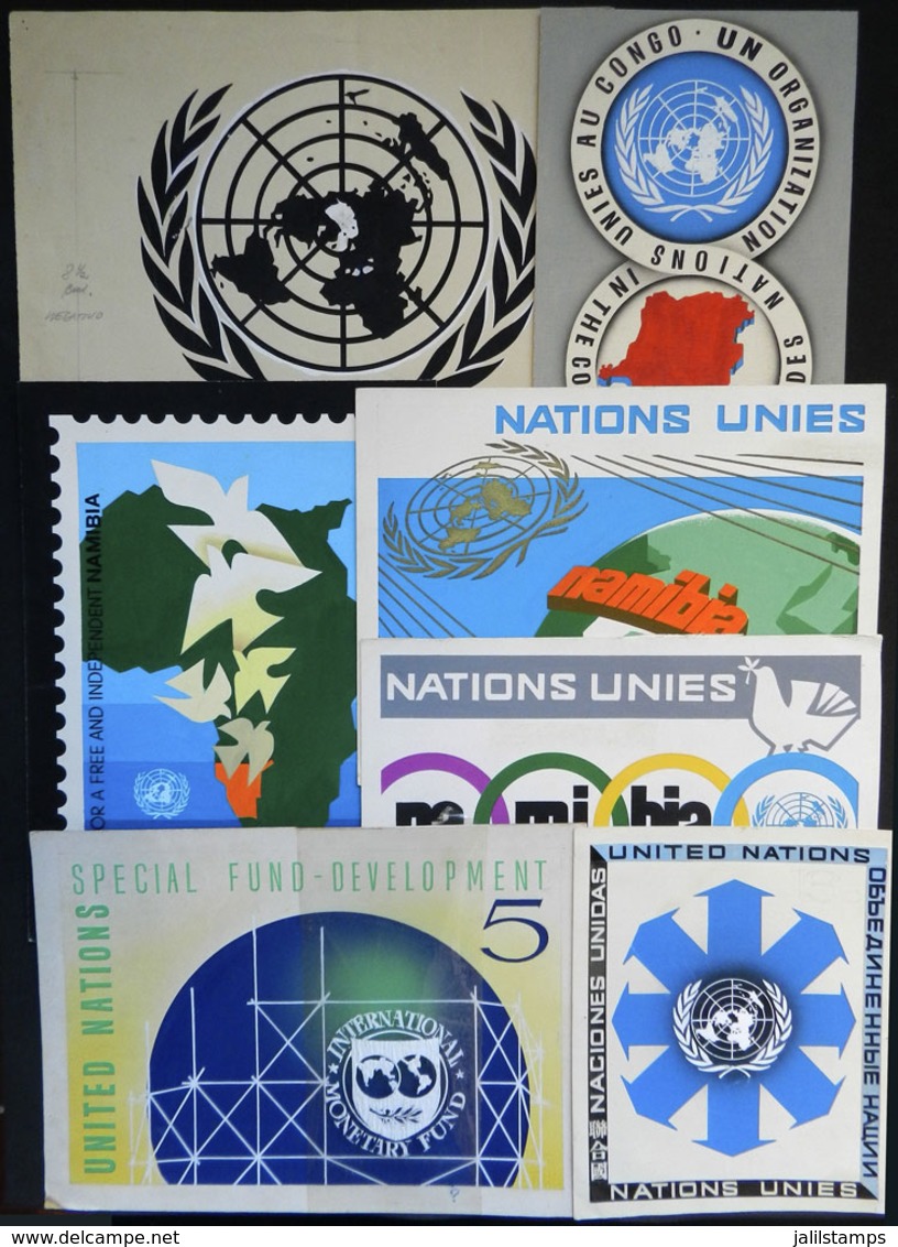 UNITED NATIONS: Circa 1960, 7 Original Artist's Drawings Of Unadopted Designs, Varied Topics, All Of Uruguayan Artist An - Collections, Lots & Series