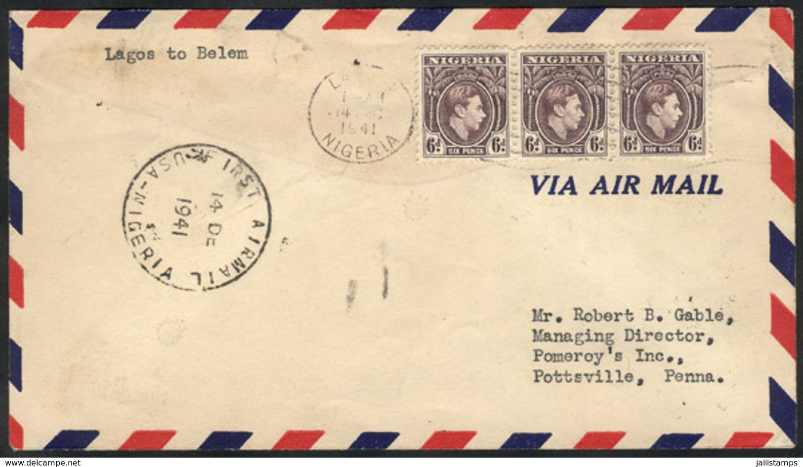 NIGERIA: 14/DE/1941 First Flight Lagos - Belem (Brazil), Final Destination Pottsville (USA), VF Quality! - Nigeria (...-1960)