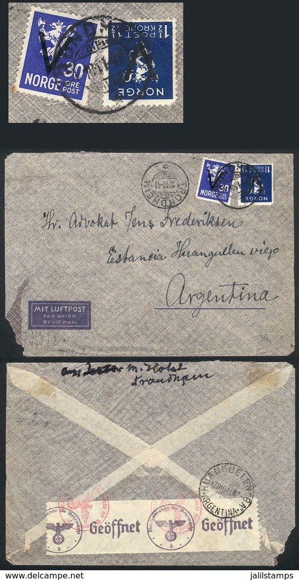 NORWAY: Airmail Cover Sent From Trondheim To Argentina On 18/NO/1941 With Interesting Postage Of 1.80Kr. (Sc.230 + 236), - Sonstige & Ohne Zuordnung