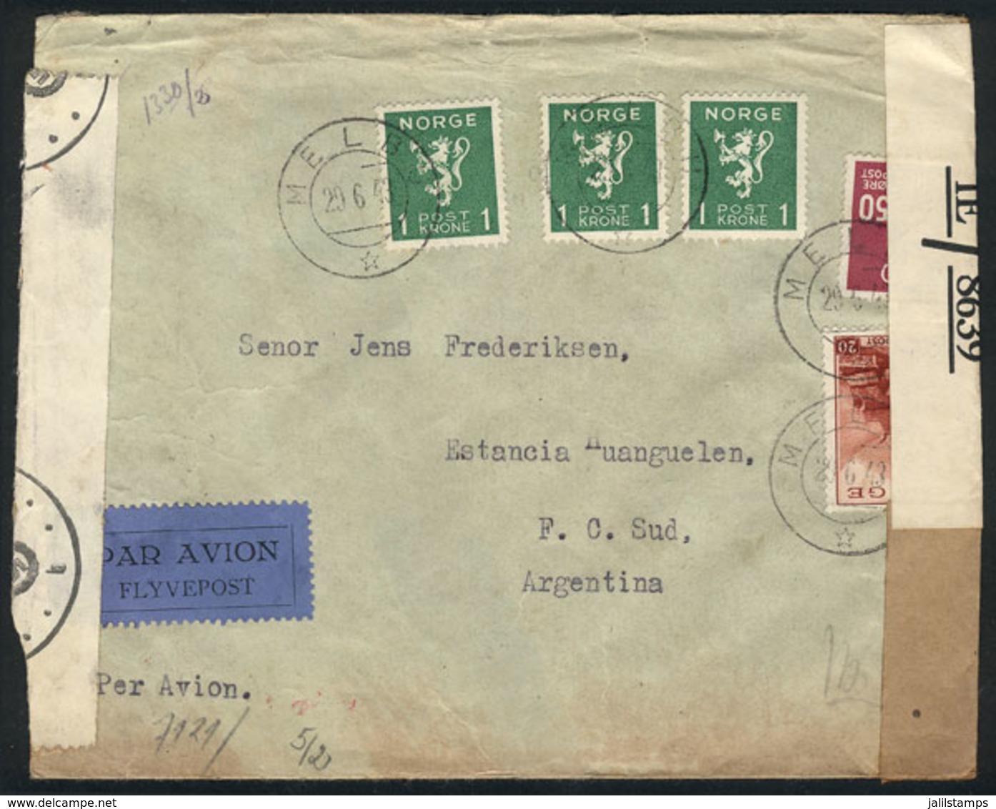 NORWAY: Airmail Cover Sent From Melbu To Argentina On 29/JUN/1943 Franked With 3.70Kr. And Nazi + Allied Double Censorsh - Other & Unclassified