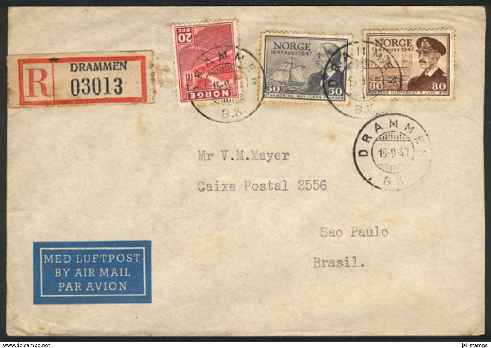 NORWAY: Airmail Cover Sent From DRAMMEN To Brazil On 15/SE/1947, Unusual Destination! - Otros & Sin Clasificación