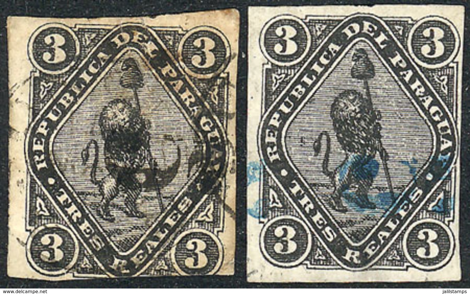 PARAGUAY: Sc.3, 1870 Lion 3R. Black, 2 Examples With Interesting Cancels, One Of Excellent Quality (blue Cancel) And The - Paraguay