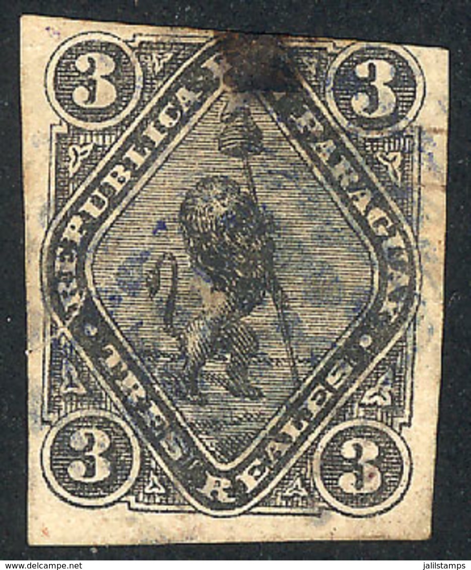 PARAGUAY: Sc.3, 1870 3r. Black, Used, With Minor Defects But Interesting, Low Start! - Paraguay