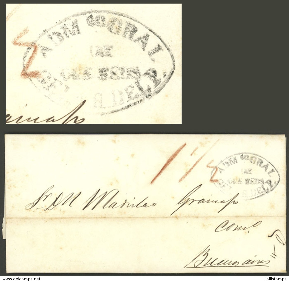 PARAGUAY: Entire Letter Dated Asunción 16/FE/1860 Sent To Buenos Aires (by Steamer Yporá), With Black Mark "ADMON. GRAL. - Paraguay