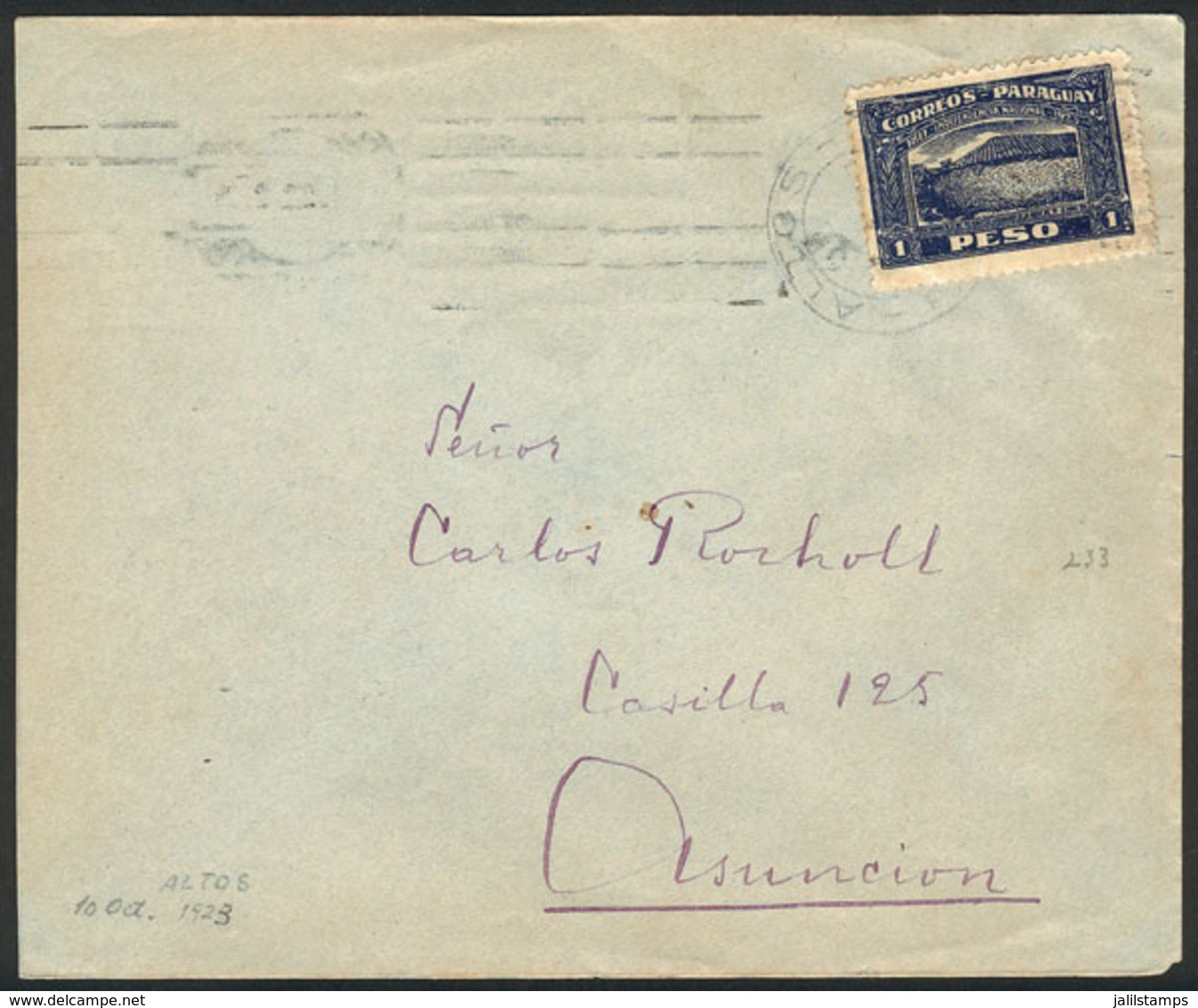 PARAGUAY: Cover Sent From ALTOS To Asunción On 10/OC/1923 Franked With 1P., VF Quality! - Paraguay