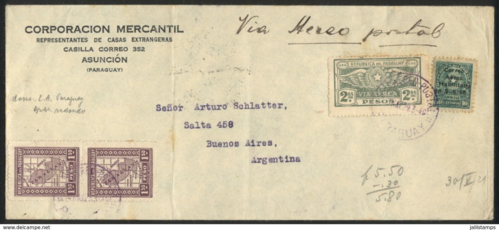 PARAGUAY: Registered Airmail Cover (commercial) Sent From Asunción To Buenos Aires On 26/MAY/1929 With Nice Postage Of 1 - Paraguay