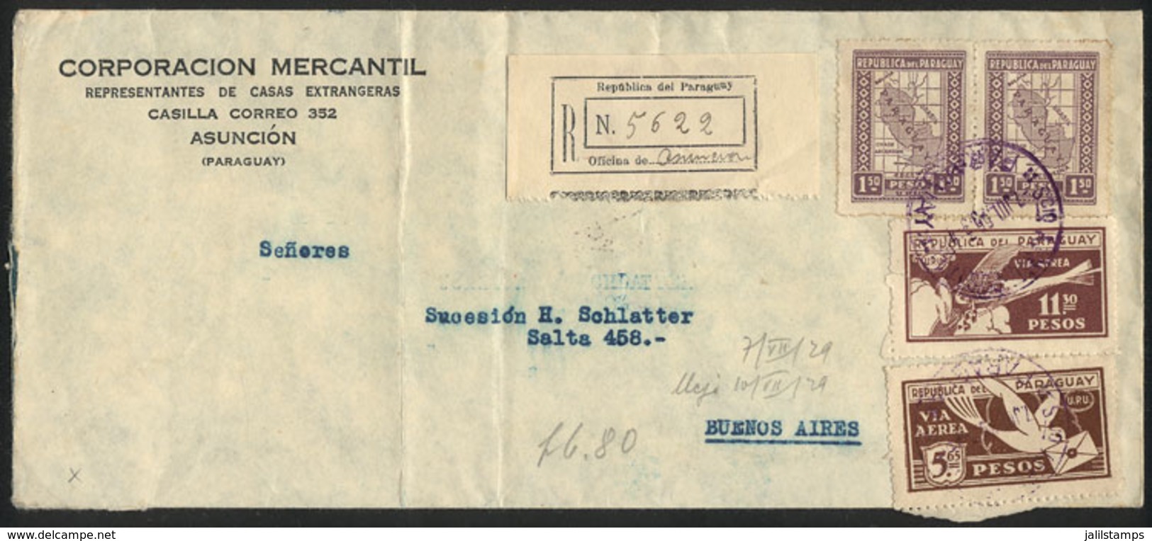 PARAGUAY: Registered Airmail Cover (commercial) Sent From Asunción To Buenos Aires On 7/JUL/1929 With Nice Postage Of 19 - Paraguay