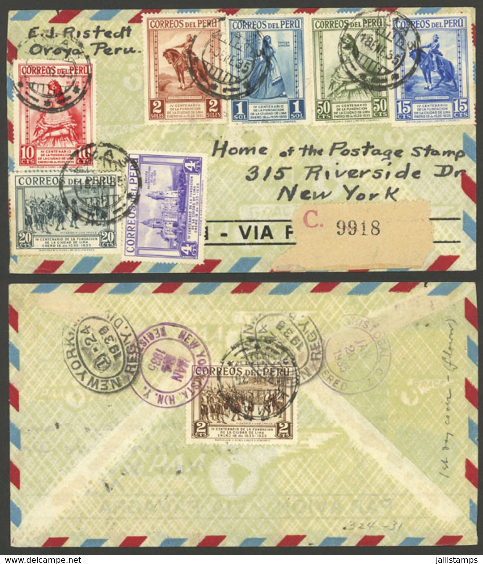 PERU: Sc.324/331, 1935 Lima 400 Years, The Set Of 8 Values On A Registered Airmail Cover Sent To USA On 18/JA/1935 (FIRS - Perú