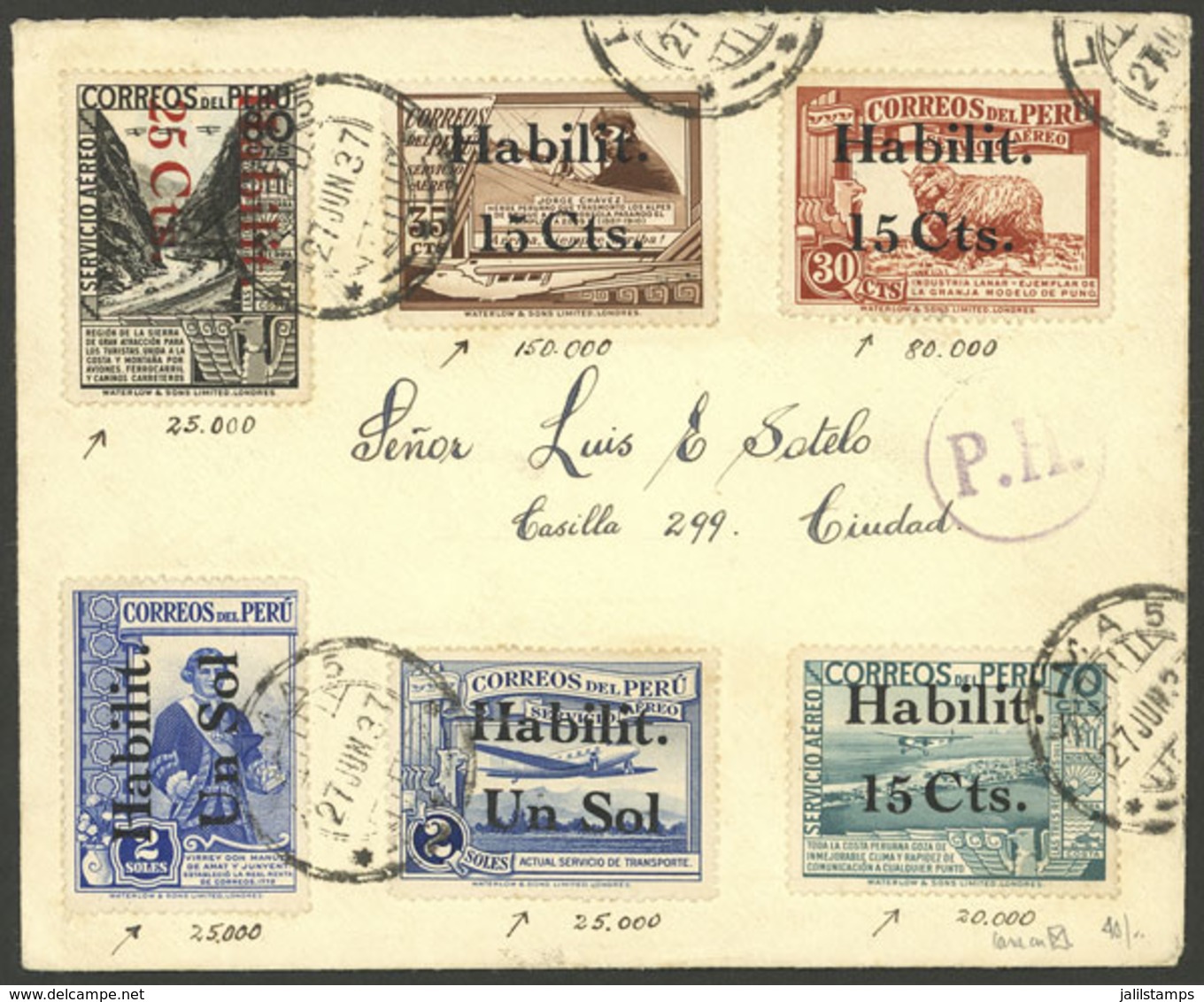 PERU: Sc.374 + C40/44, 1937 Complete Set Of 6 Overprinted Values Franking A Cover Used In Lima On 27/JUN/1937, VF Qualit - Perú