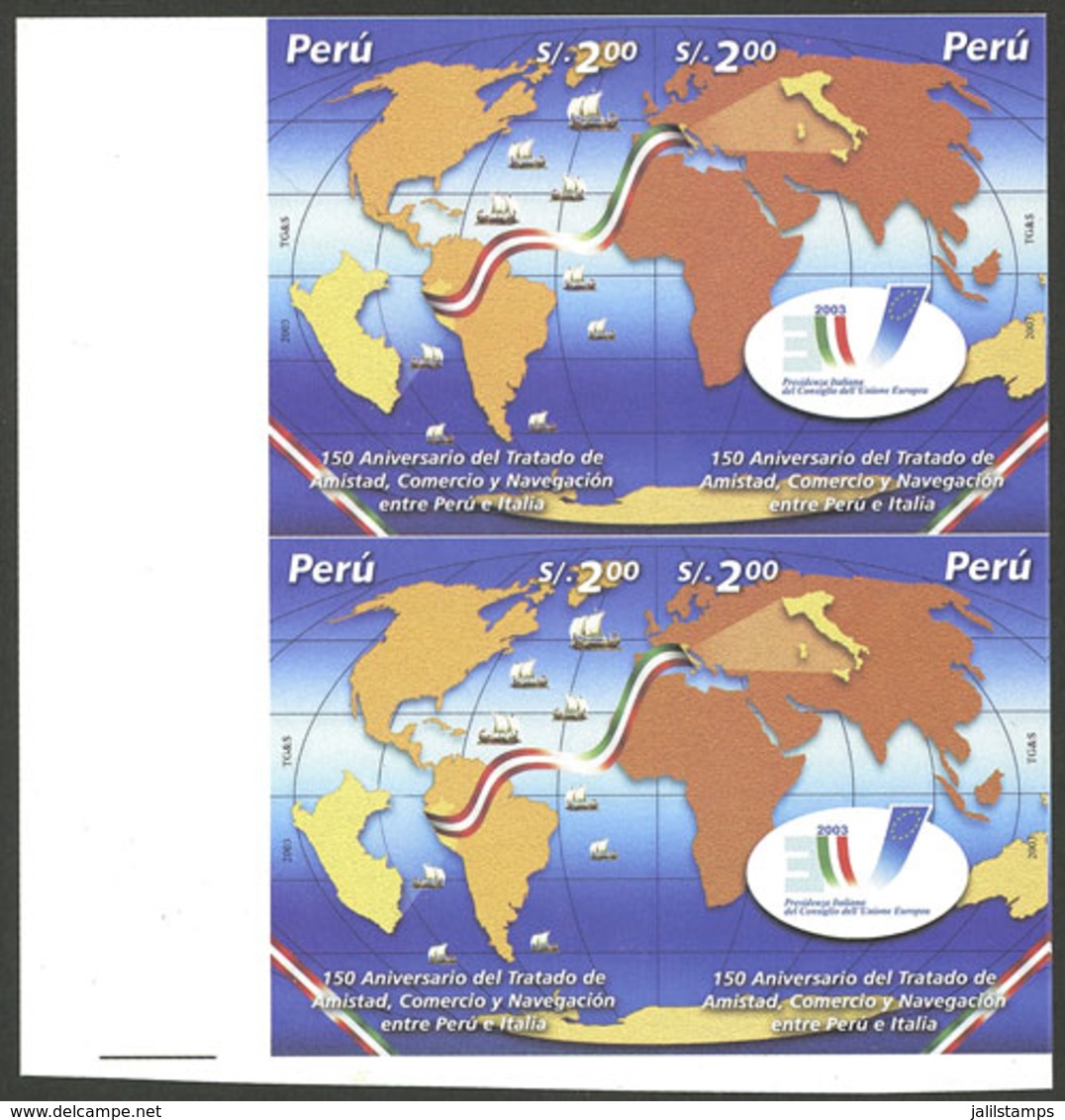 PERU: Sc.1358, 2003 Treaty With Italy, IMPERFORATE Block Of 4, MNH, VF And Rare! - Perú