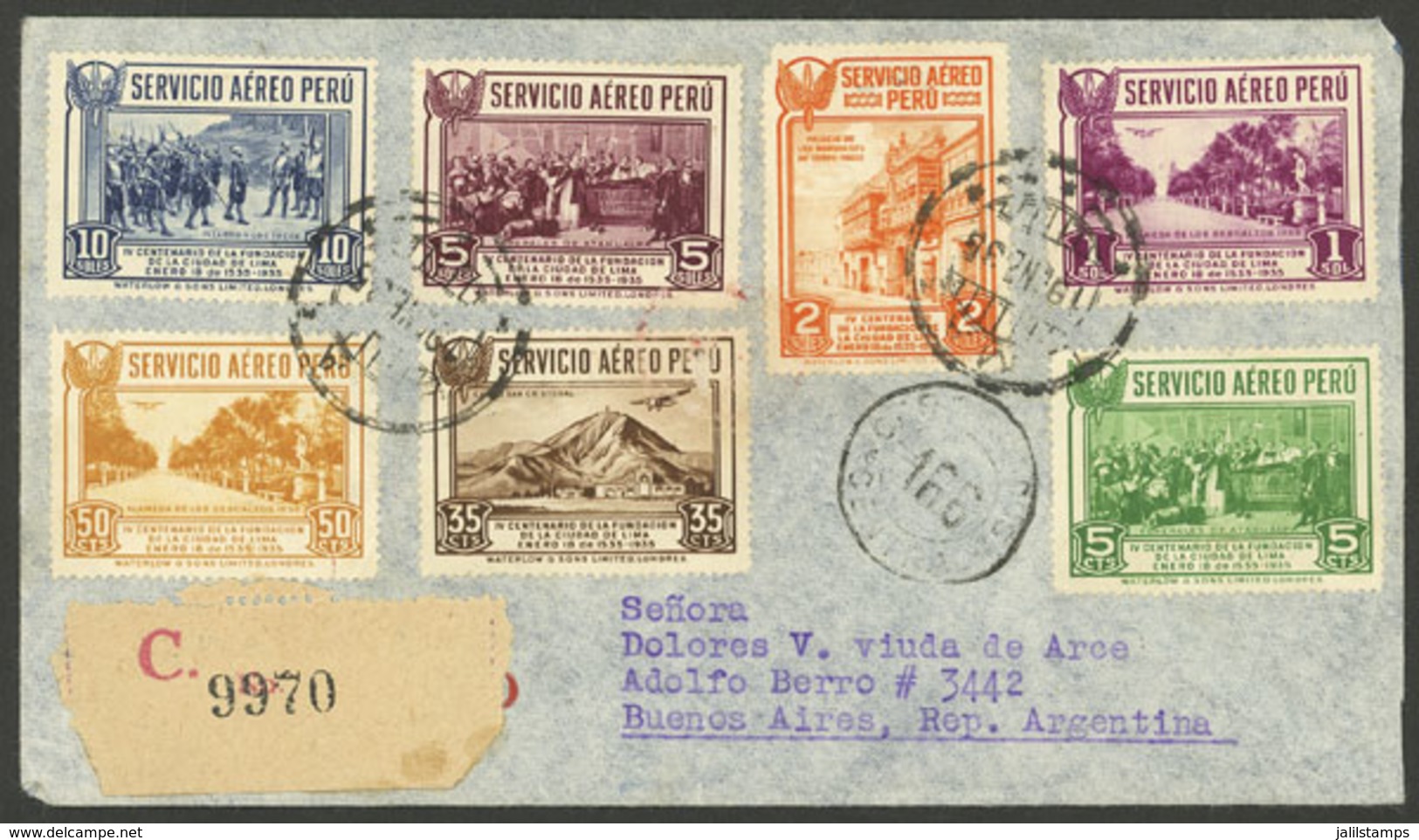 PERU: Sc.C6/C12, 1935 Lima 400 Years, The Set Of 7 Values Franking A Cover Sent To Argentina On 19/JA/1935, Minor Defect - Peru